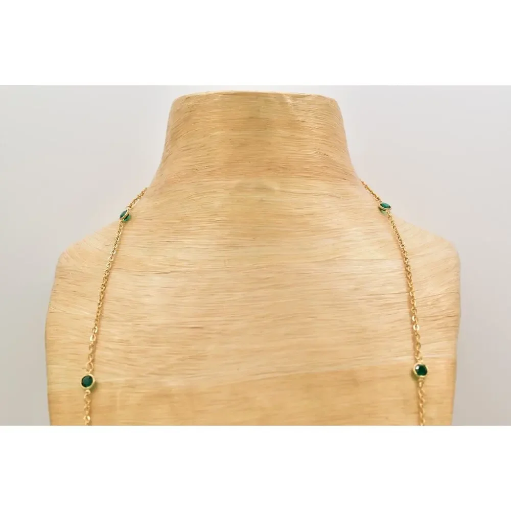 Vintage Green Open Bezel Crystal Necklace Station Chain Gold Tone 1980s BinBJ